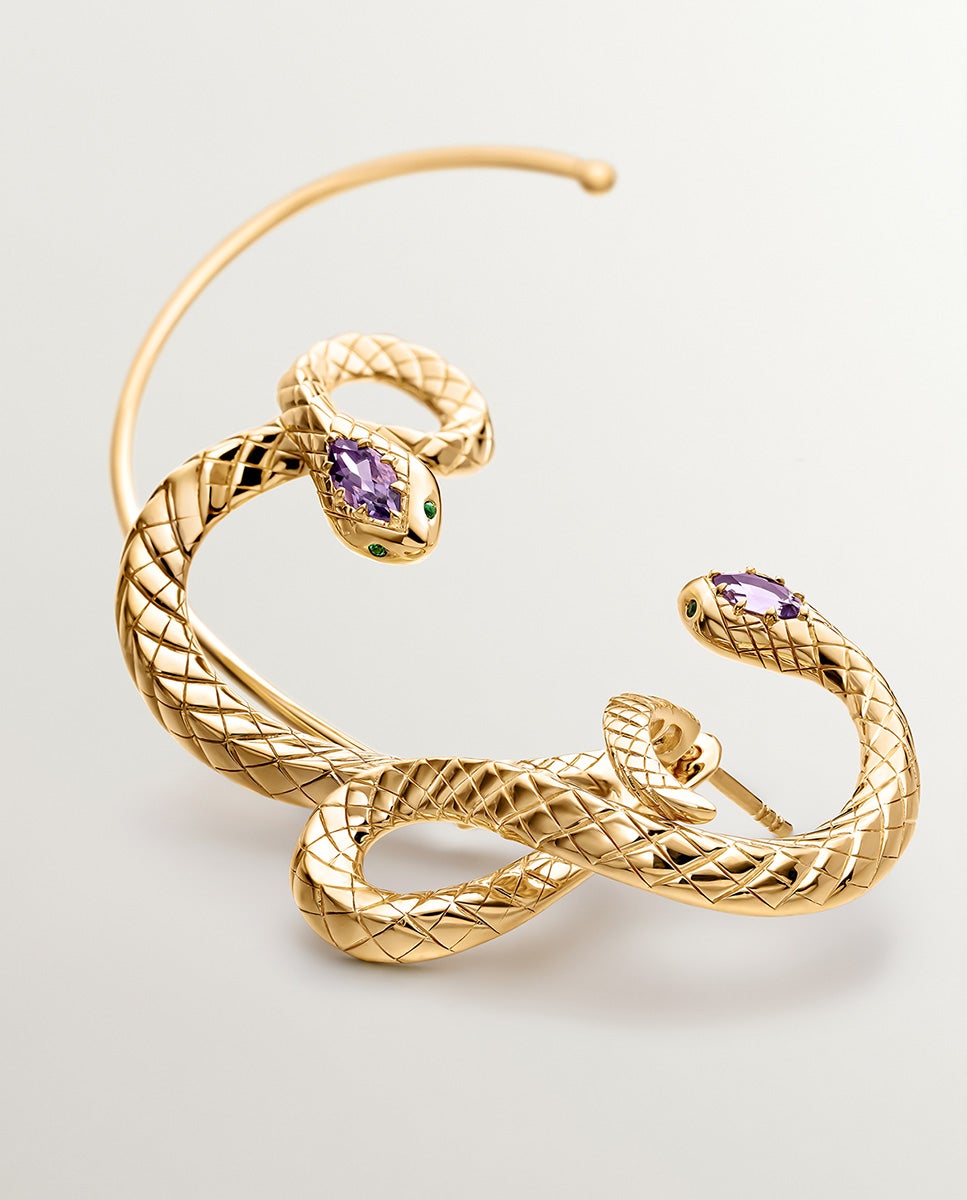 Brincos Grandes de Prata 925 Banhada a Ouro Amarelo de 18k com Forma de Serpente, Ametista e Tsavorita Roxo-3