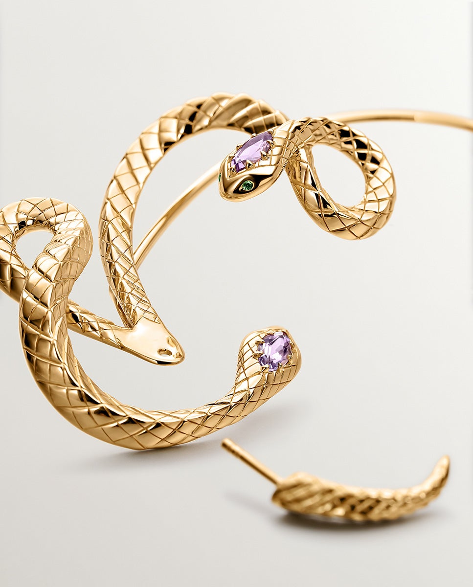 Brincos Grandes de Prata 925 Banhada a Ouro Amarelo de 18k com Forma de Serpente, Ametista e Tsavorita Roxo-5