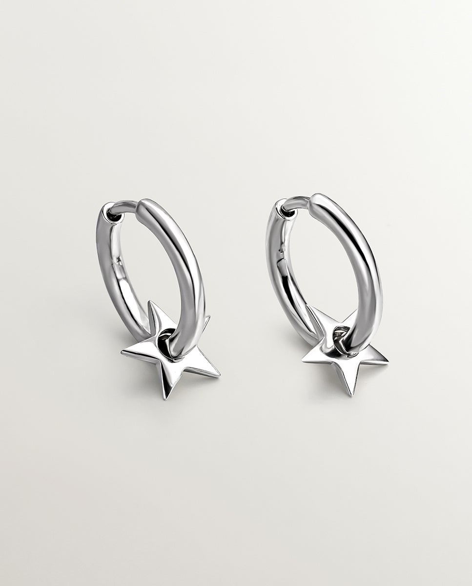 Brincos de Argola Pequenos de Prata 925 com Estrela Prata-1