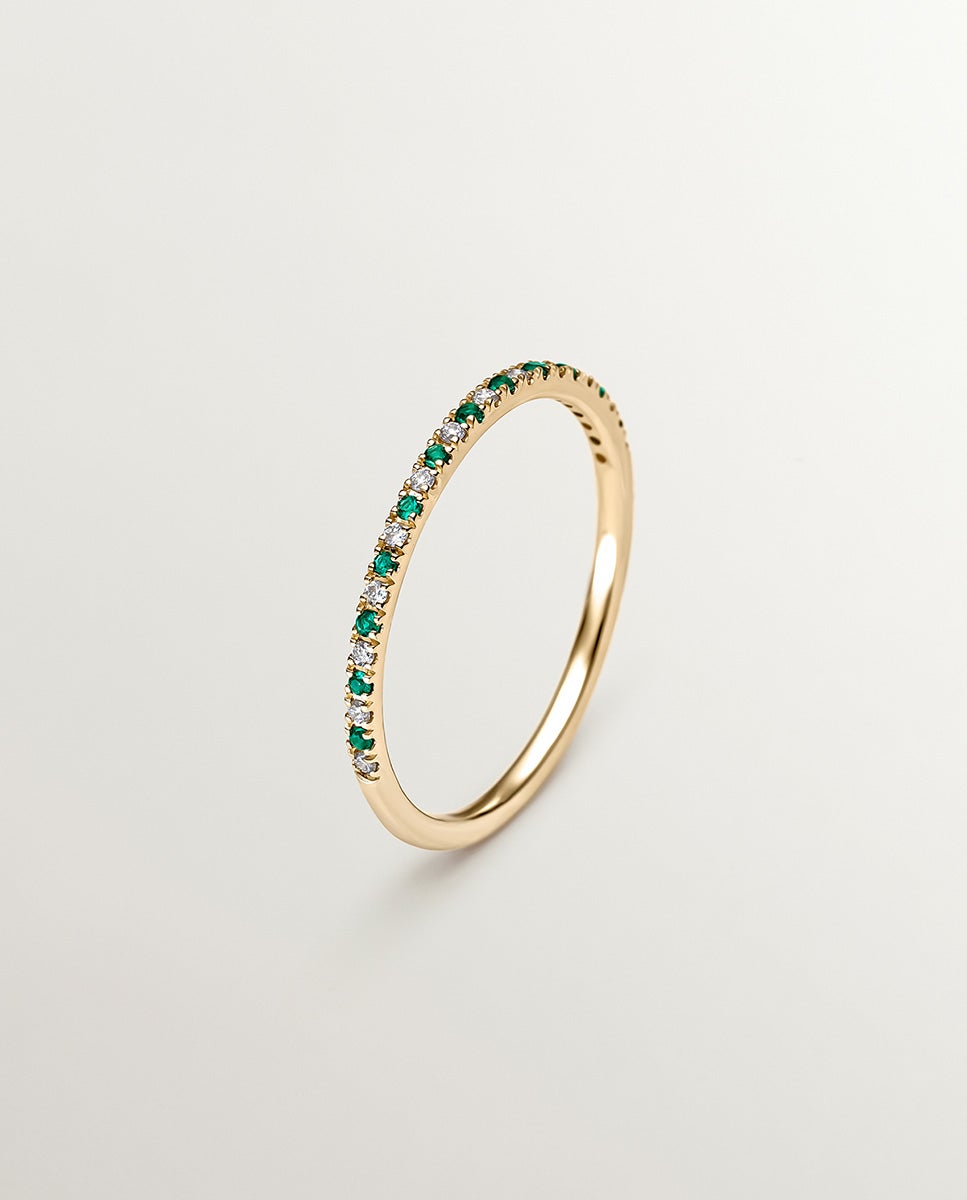 Anel de Ouro Amarelo de 9k com Esmeraldas e Diamantes Verde-1