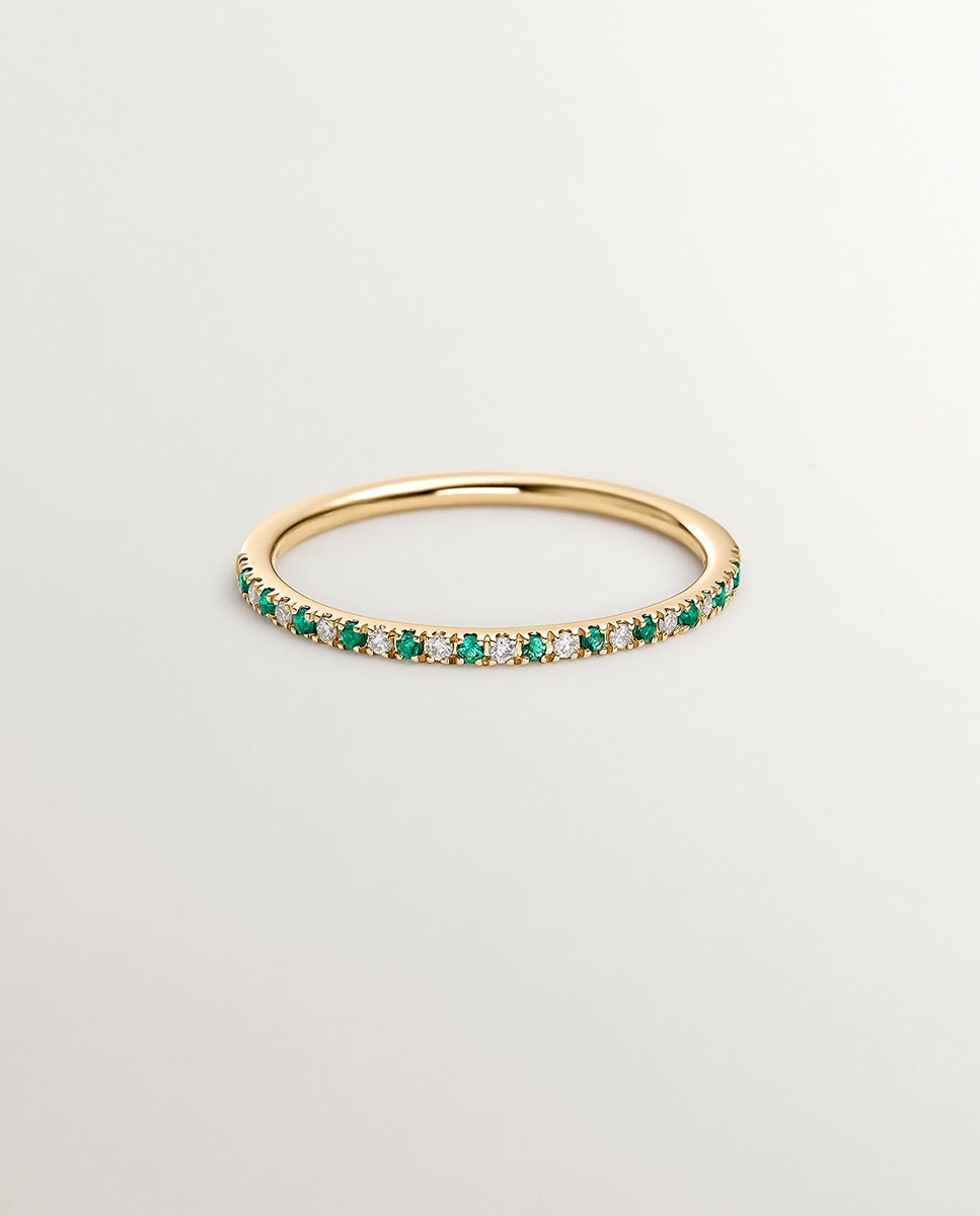Anel de Ouro Amarelo de 9k com Esmeraldas e Diamantes Verde-3