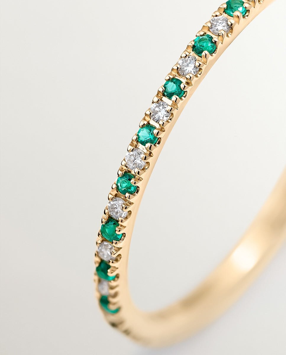 Anel de Ouro Amarelo de 9k com Esmeraldas e Diamantes Verde-5
