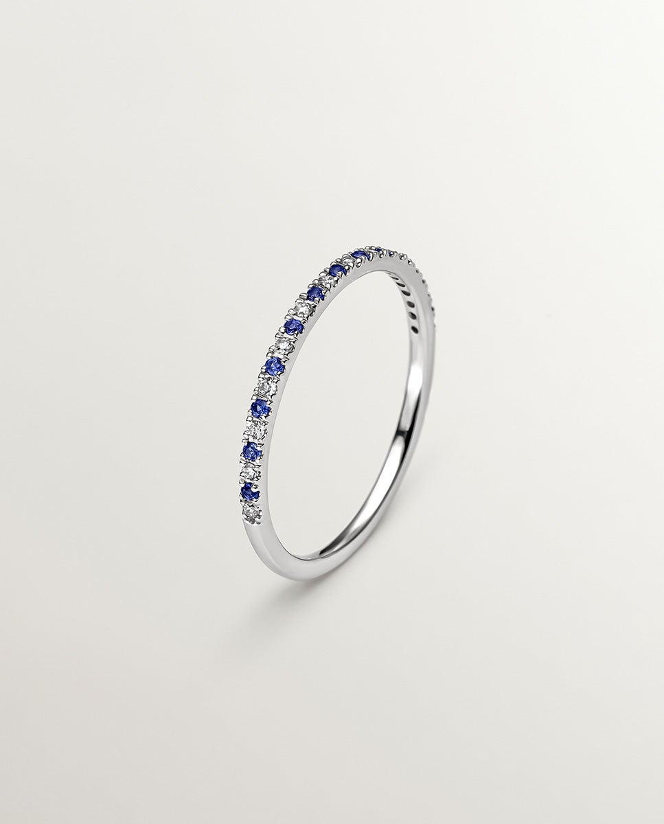 Anel de Ouro Branco de 9k com Safiras e Diamantes Azul-1