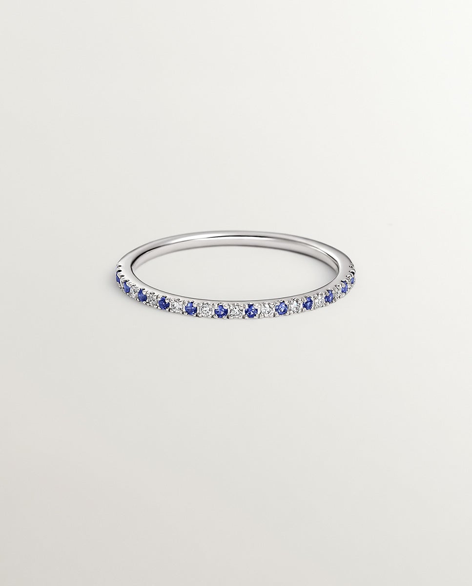 Anel de Ouro Branco de 9k com Safiras e Diamantes Azul-3