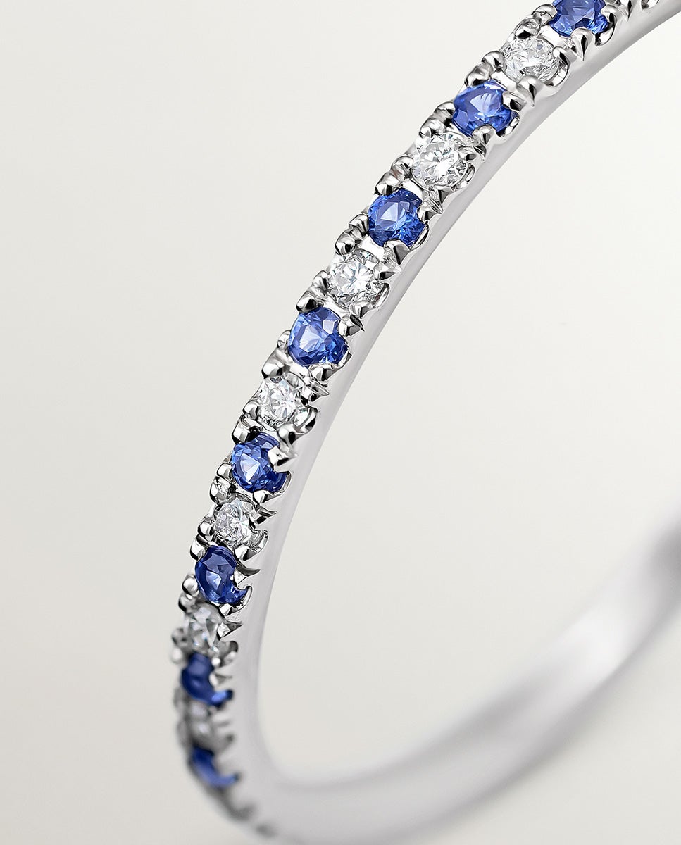 Anel de Ouro Branco de 9k com Safiras e Diamantes Azul-5
