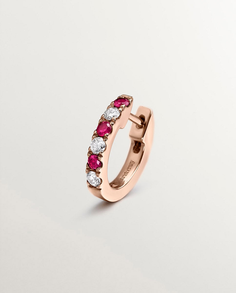 Brinco Individual de Argola de Ouro Rosa de 9k com Rubis e Diamantes Branco-1