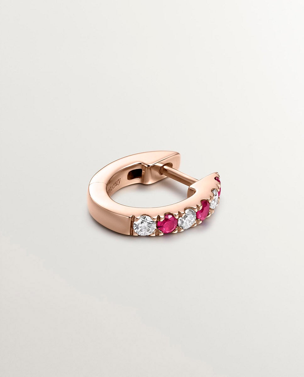 Brinco Individual de Argola de Ouro Rosa de 9k com Rubis e Diamantes Branco-3