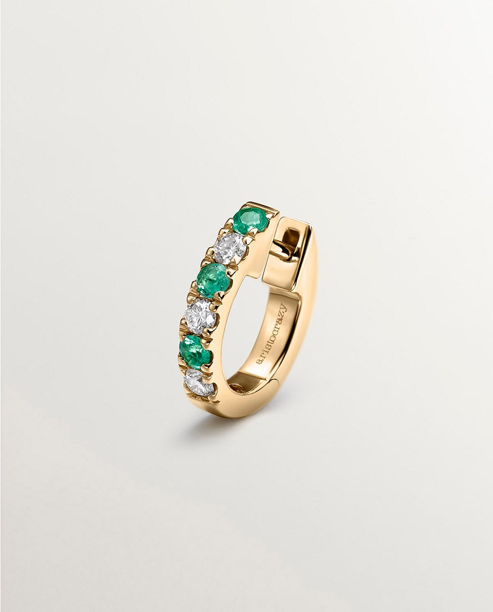 Brinco Individual de Argola de Ouro Amarelo 9k com Esmeraldas e Diamantes Verde-1