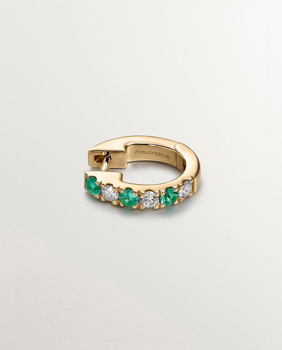 Brinco Individual de Argola de Ouro Amarelo 9k com Esmeraldas e Diamantes Verde-3