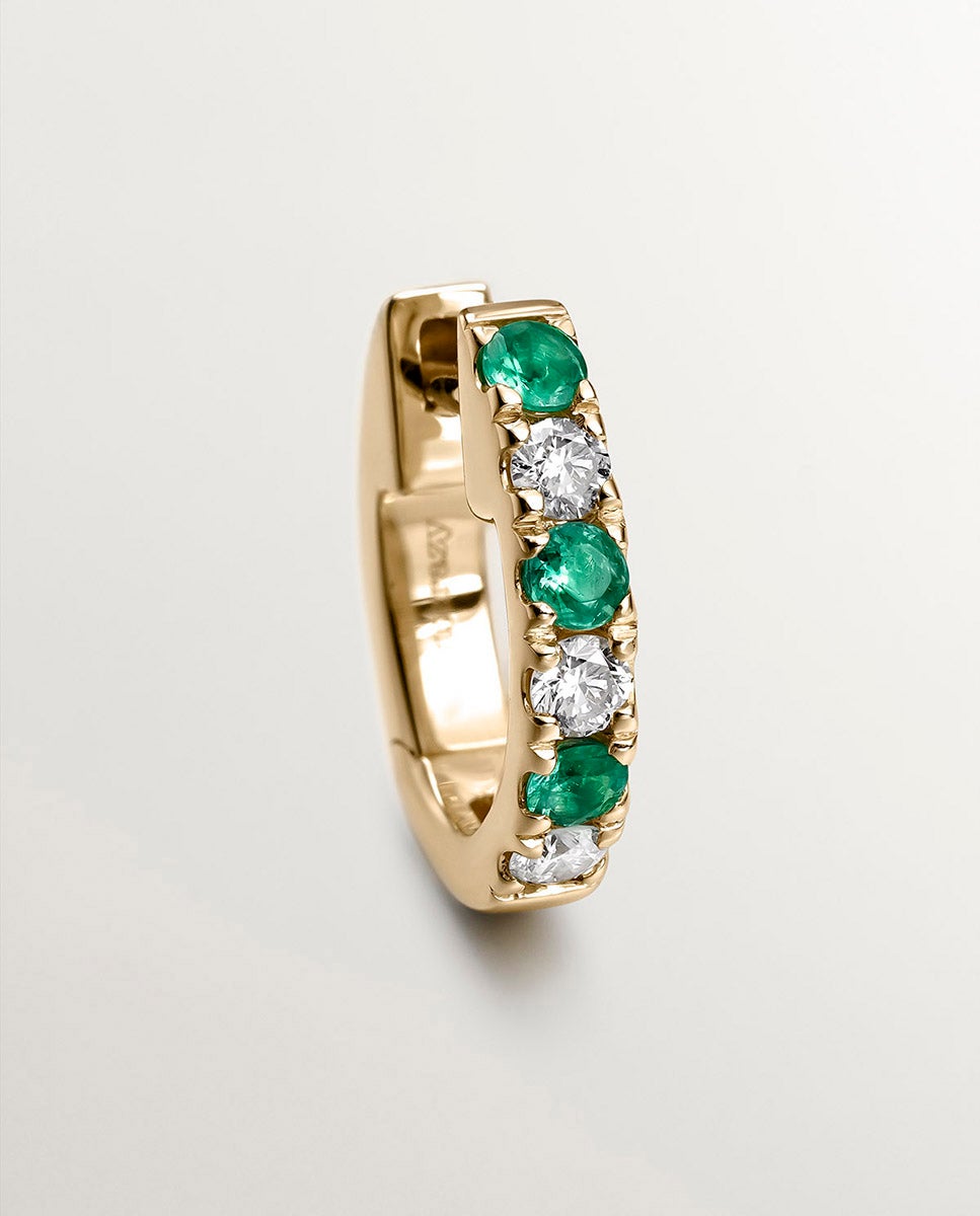 Brinco Individual de Argola de Ouro Amarelo 9k com Esmeraldas e Diamantes Verde-5