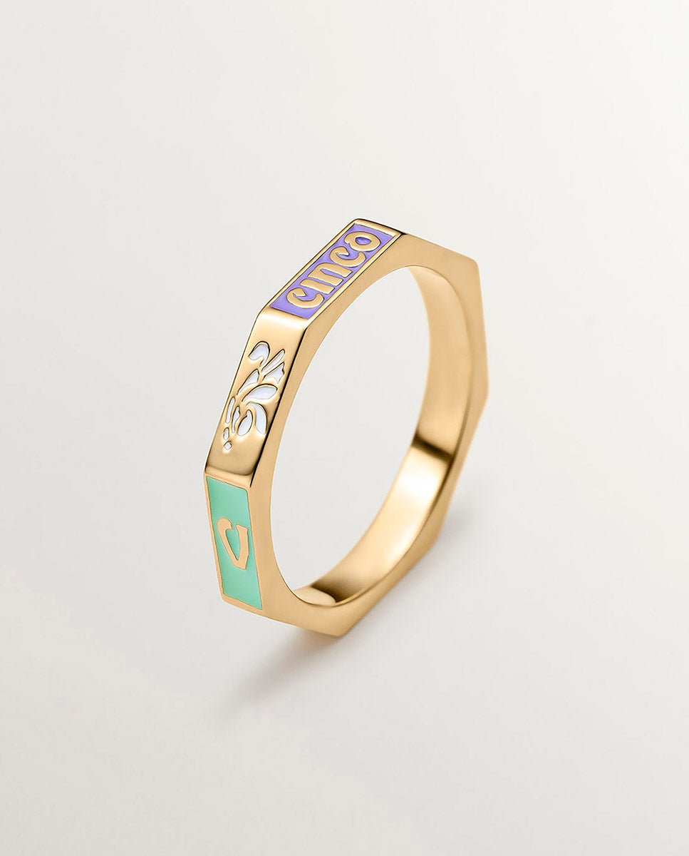 Anel de Prata 925 Banhada em Ouro Amarelo de 18k com Esmalte de Cores e Número Cinco Multicolor-1