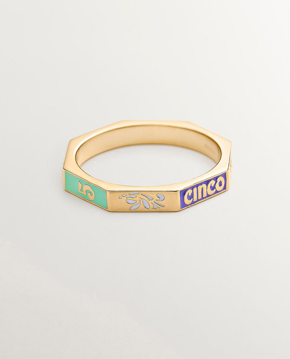 Anel de Prata 925 Banhada em Ouro Amarelo de 18k com Esmalte de Cores e Número Cinco Multicolor-3