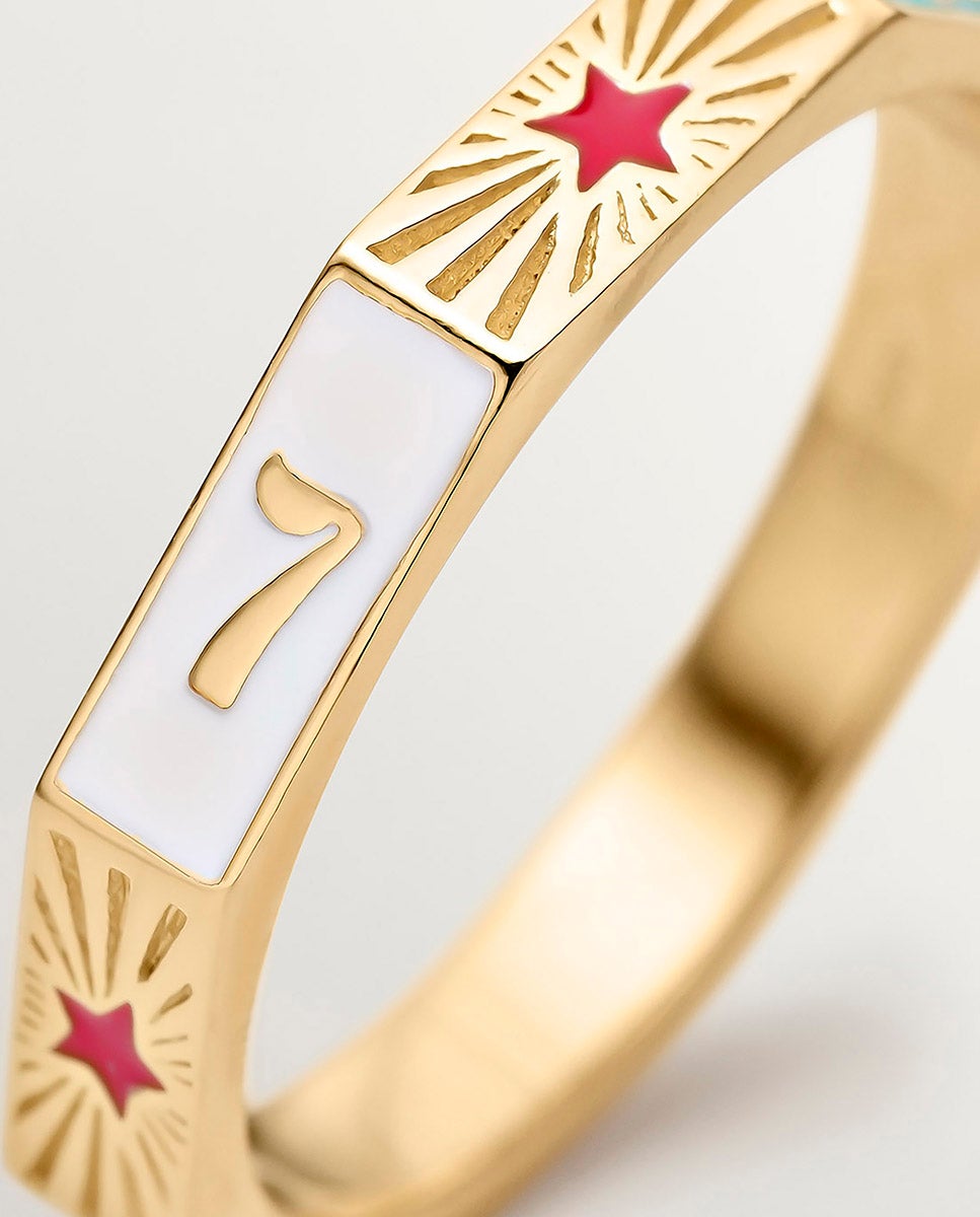 Anel de Prata 925 Banhada em Ouro Amarelo de 18k com Esmalte de Cores e Número 7 Multicolor-5