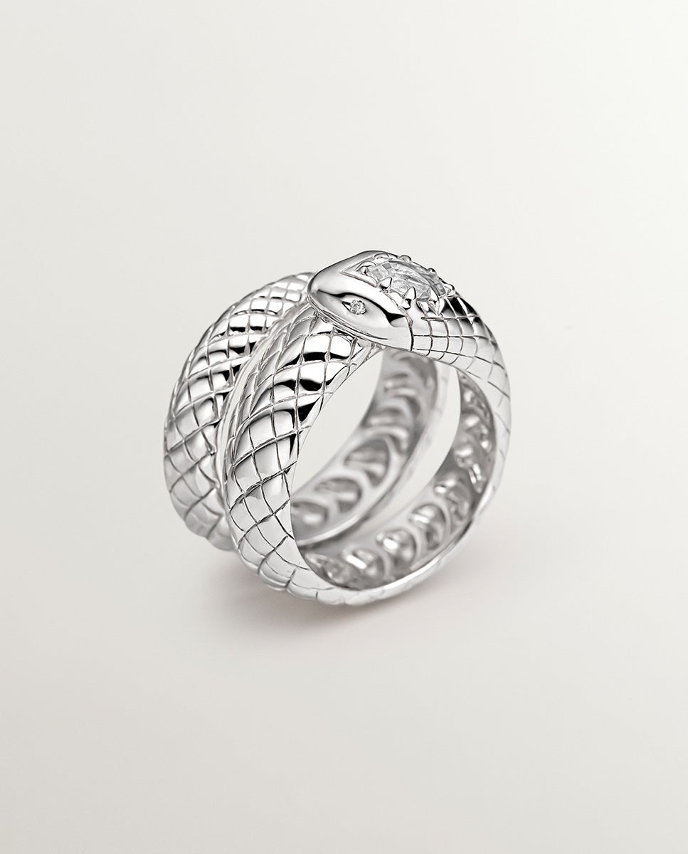 Anel Largo de Prata 925 com Forma de Serpente e Topázio e Safiras Brancas Branco-1
