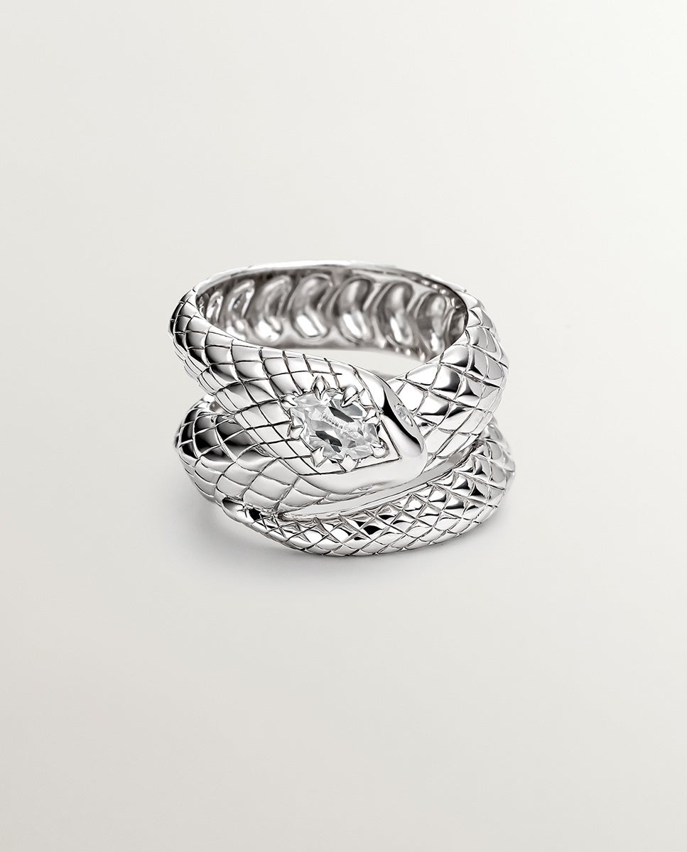 Anel Largo de Prata 925 com Forma de Serpente e Topázio e Safiras Brancas Branco-3