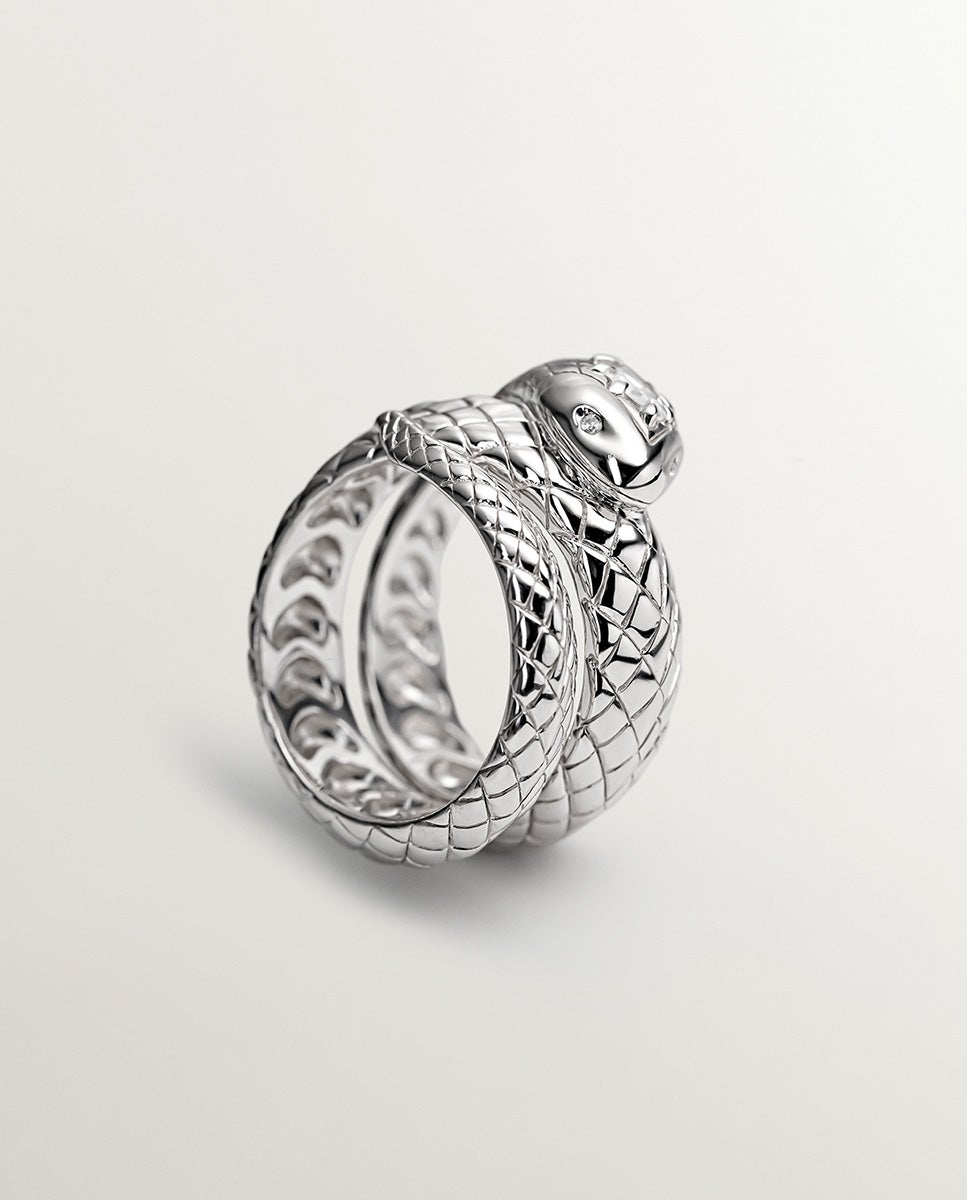 Anel Largo de Prata 925 com Forma de Serpente e Topázio e Safiras Brancas Branco-5