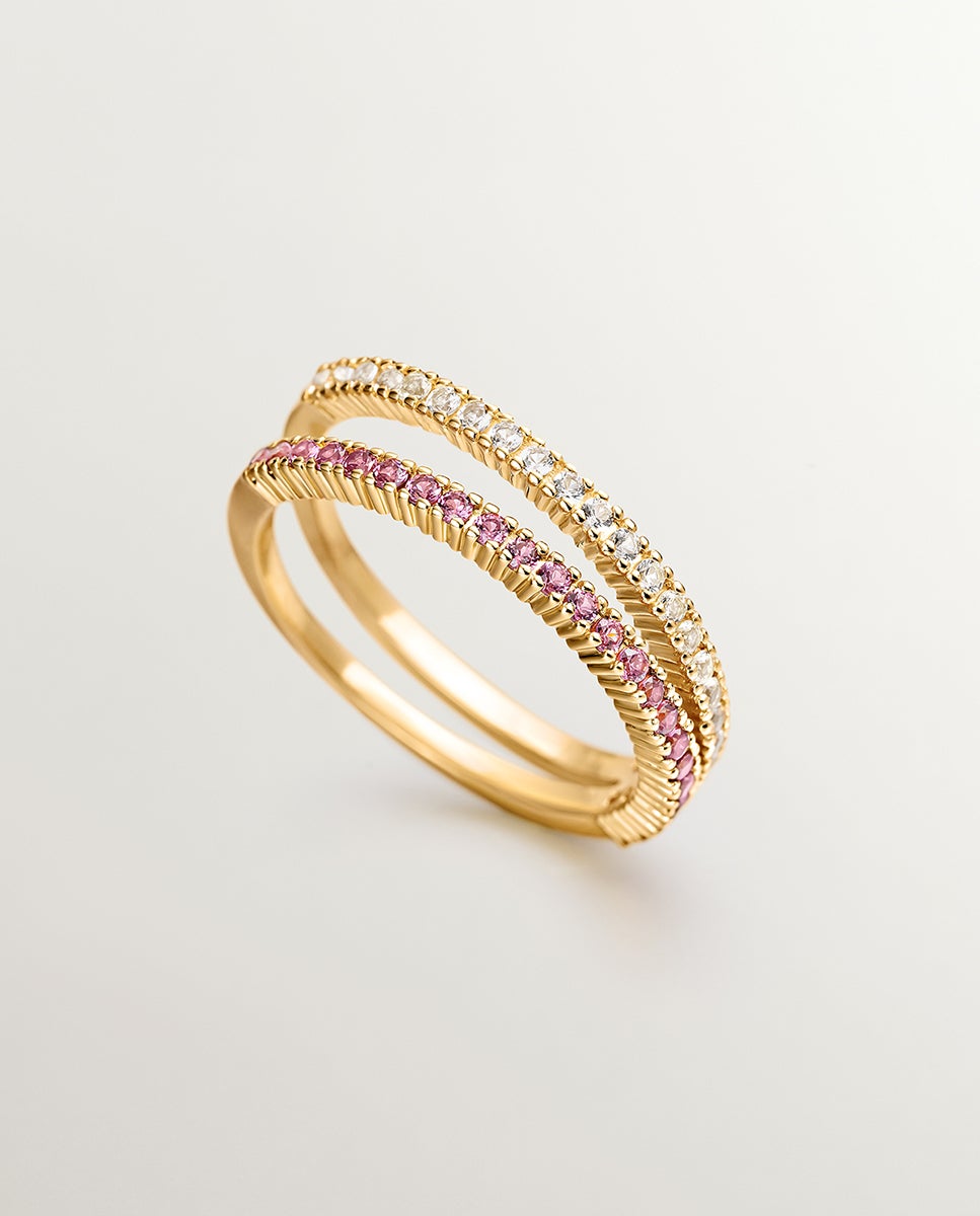 Anel Duplo de Prata 925 Banhada em Ouro Amarelo de 18k com Topázios Brancos e Rodolitas Roxas Branco-5