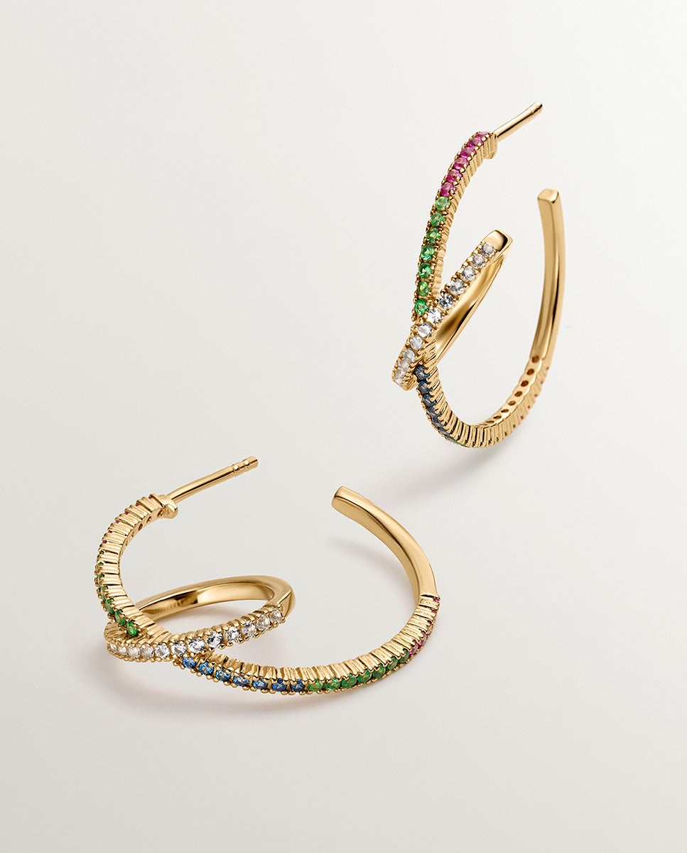 Brincos de Aro Duplo de Prata 925 Banhada em Ouro Amarelo de 18k com Tsavoritas e Safiras Multicolor Multicolor-3