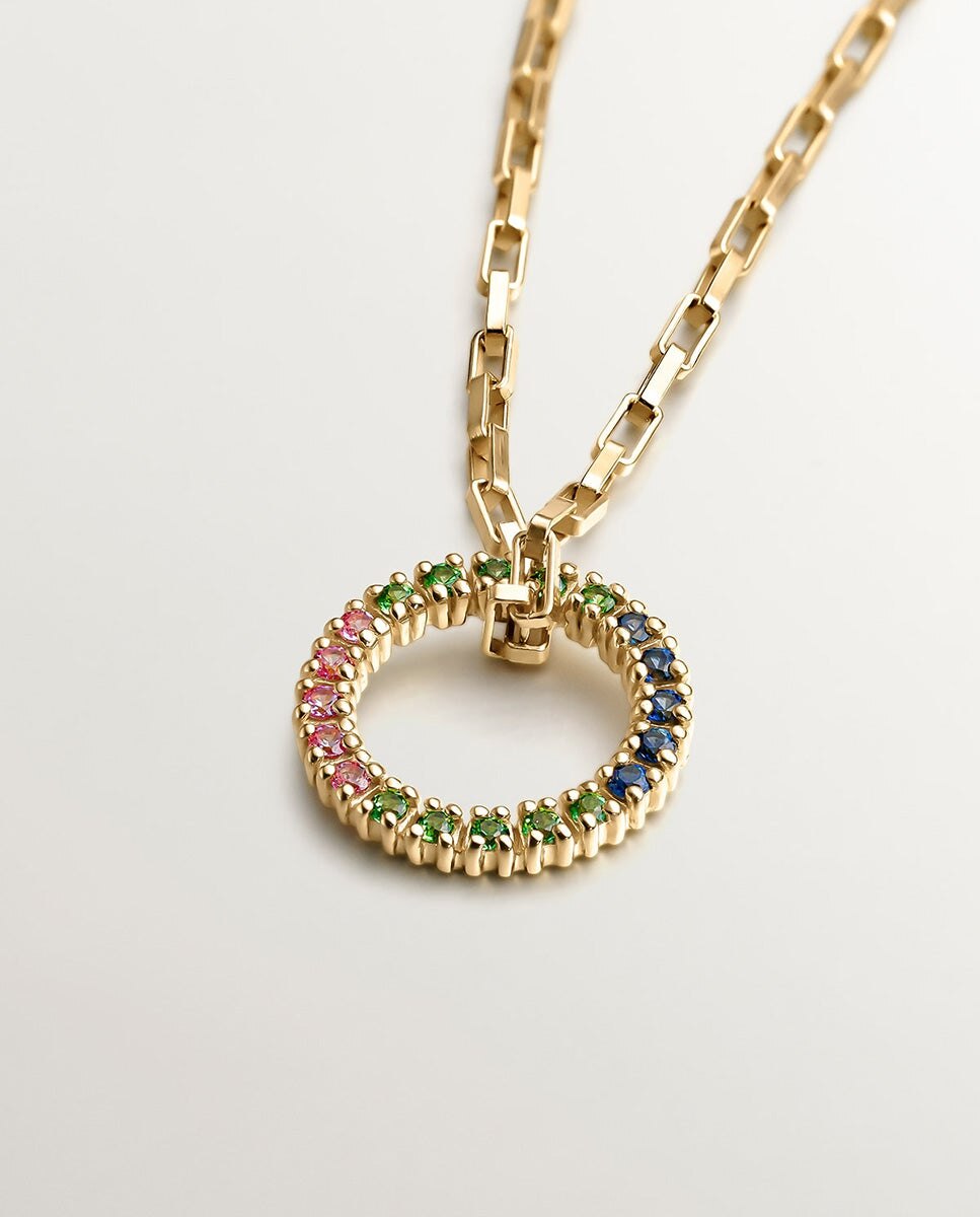 Pendente de Prata 925 Banhada em Ouro Amarelo de 18k com Tsavoritas e Safiras Multicolor Multicolor-3