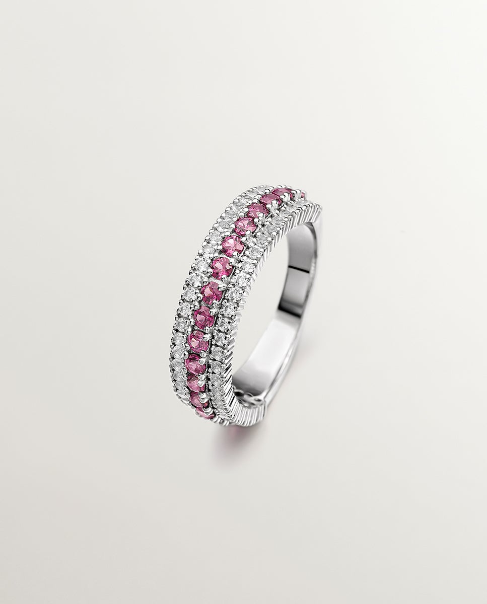 Anel de Prata 925 com Rodolita Rosa e Topázios Brancos Rosa-1