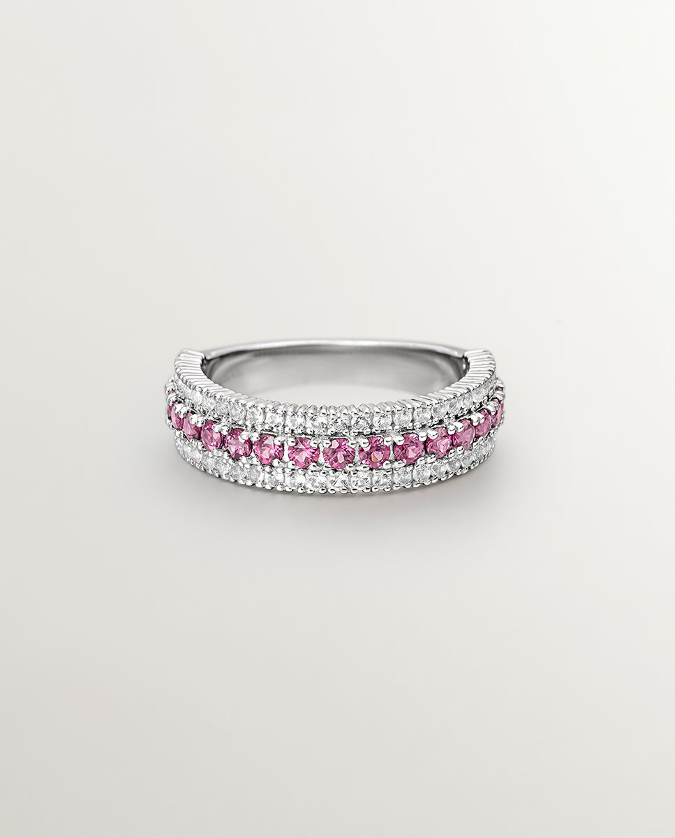 Anel de Prata 925 com Rodolita Rosa e Topázios Brancos Rosa-3