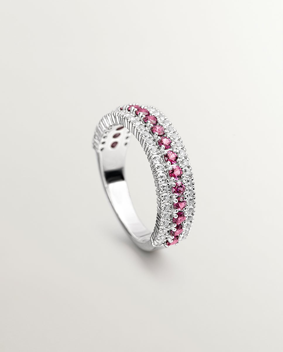Anel de Prata 925 com Rodolita Rosa e Topázios Brancos Rosa-5