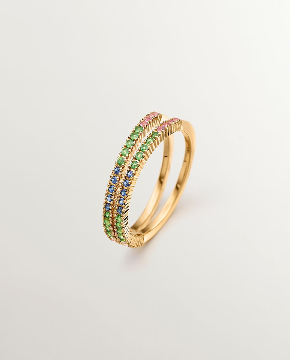 Anel Duplo de Prata 925 Banhada em Ouro Amarelo de 18k com Tsavoritas e Safiras Multicolor Multicolor-1