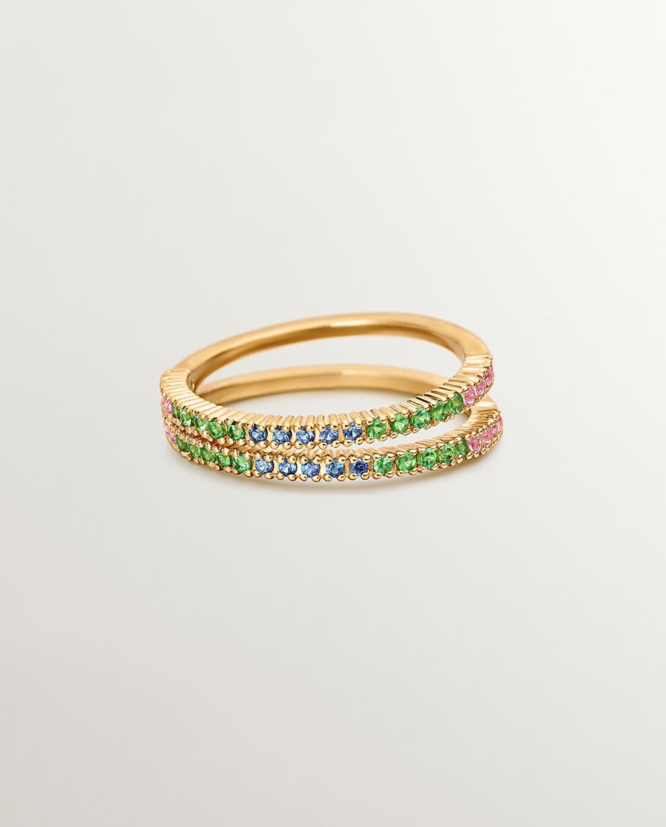 Anel Duplo de Prata 925 Banhada em Ouro Amarelo de 18k com Tsavoritas e Safiras Multicolor Multicolor-3