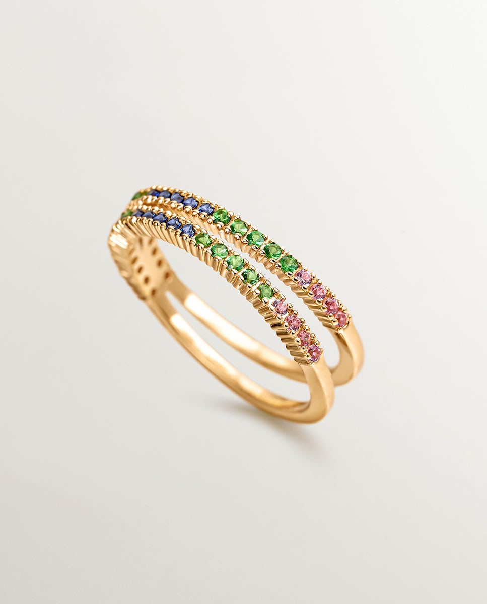 Anel Duplo de Prata 925 Banhada em Ouro Amarelo de 18k com Tsavoritas e Safiras Multicolor Multicolor-5