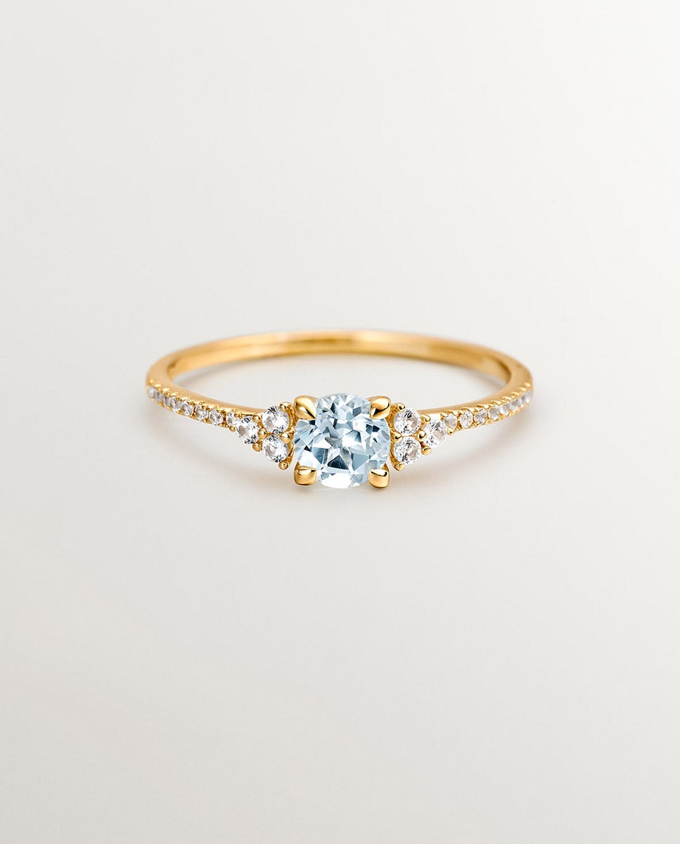 Anel de Prata 925 Banhada em Ouro Amarelo de 18k com Topázio Azul Sky e Safiras Brancas Azul-3