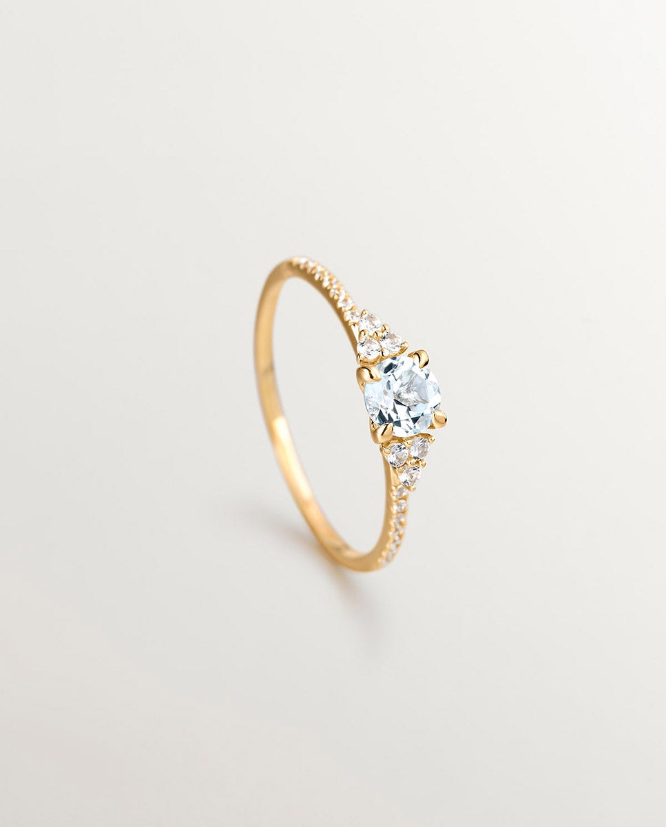 Anel de Prata 925 Banhada em Ouro Amarelo de 18k com Topázio Azul Sky e Safiras Brancas Azul-5