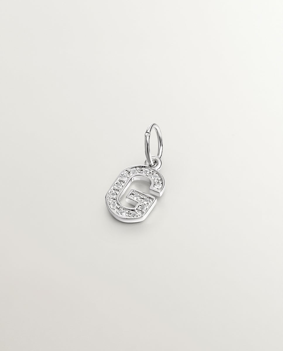 Charm de Prata 925 e Topázios Brancos Inicial G Branco-1