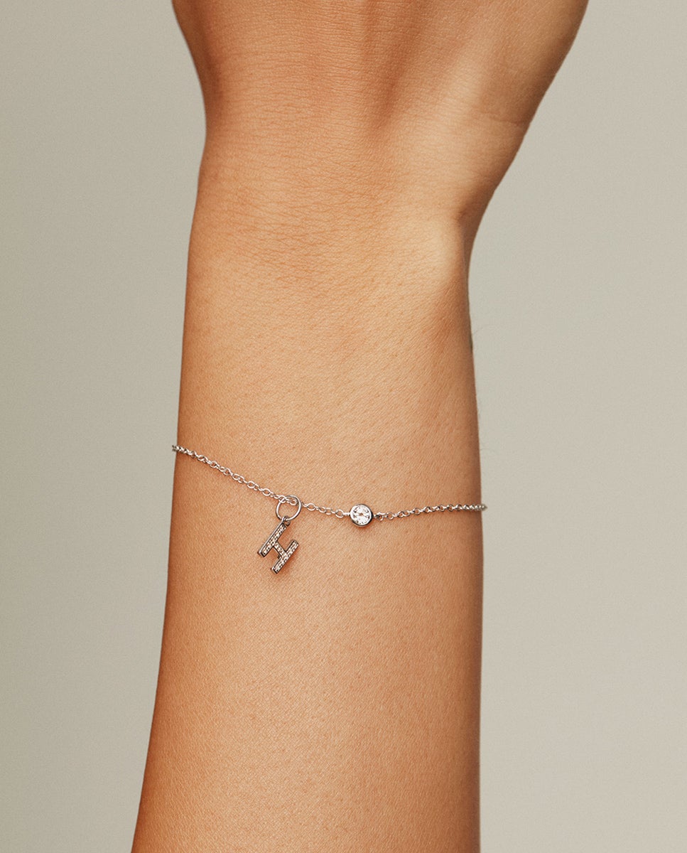 Charm de Prata 925 e Topázios Brancos Inicial H Branco-2