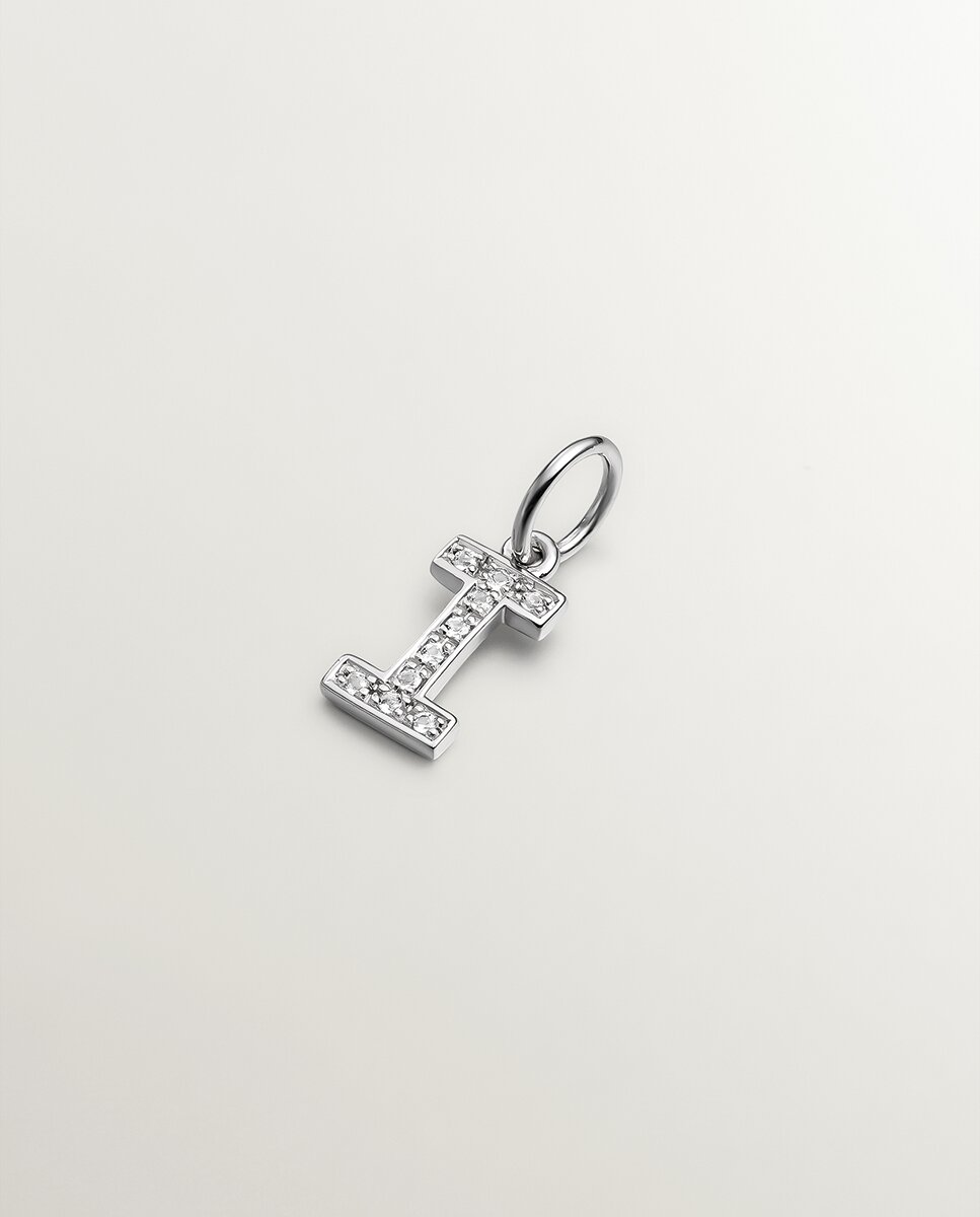 Charm de Prata 925 e Topázios Brancos Inicial I Branco-2