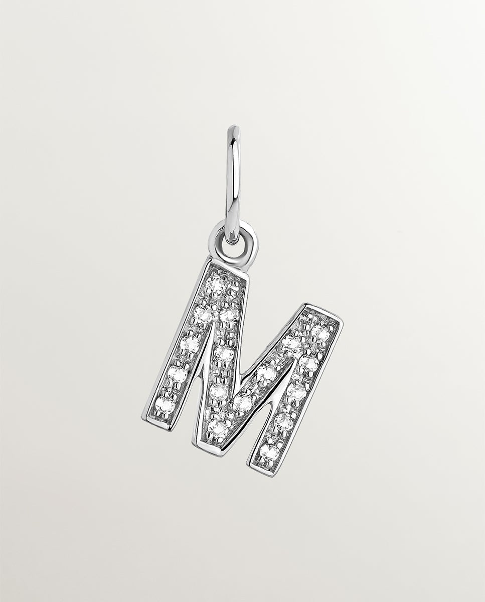 Charm de Prata 925 e Topázios Brancos Inicial M Branco-1