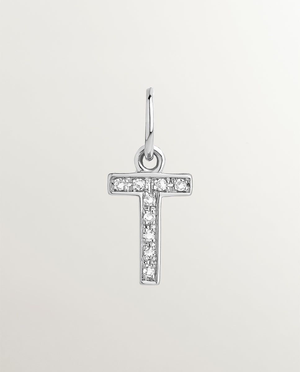 Charm de Prata 925 e Topázios Brancos Inicial T Branco-1