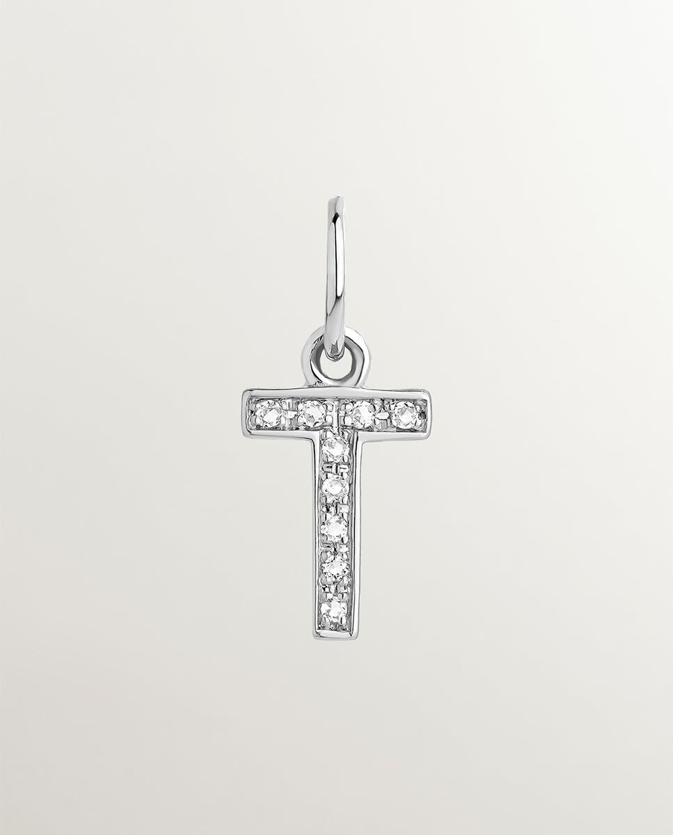 Charm de Prata 925 e Topázios Brancos Inicial T Branco-2