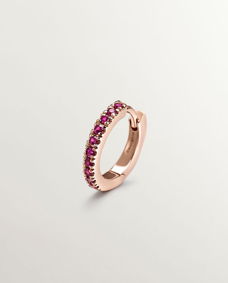 Brinco Individual de Argola Pequena de Ouro Rosa de 9k com Rubis Rosa-1