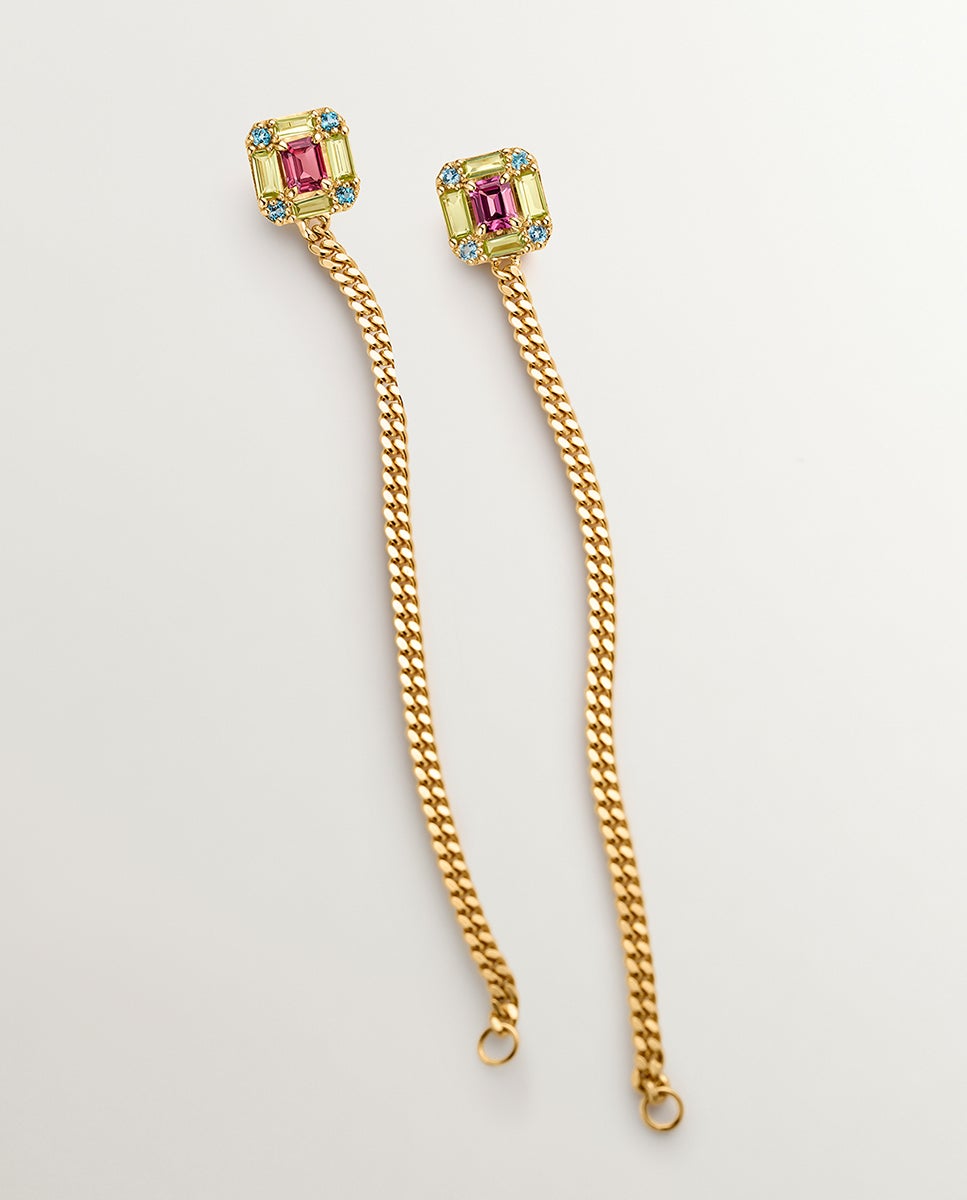Imagem 0 de Brincos Compridos Corrente de Prata 925 Banhada em Ouro Amarelo de 18k com Peridotos, Topázios e Rodolitas
