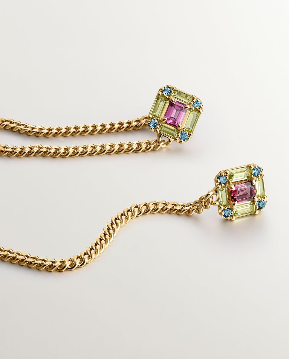Brincos Compridos Corrente de Prata 925 Banhada em Ouro Amarelo de 18k com Peridotos, Topázios e Rodolitas Rosa-3