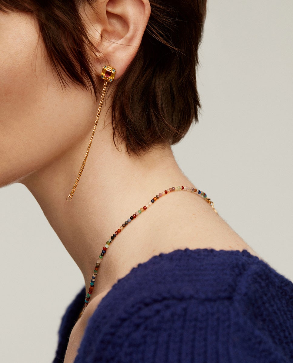 Brincos Compridos Corrente de Prata 925 Banhada em Ouro Amarelo de 18k com Peridotos, Topázios e Rodolitas Rosa-5