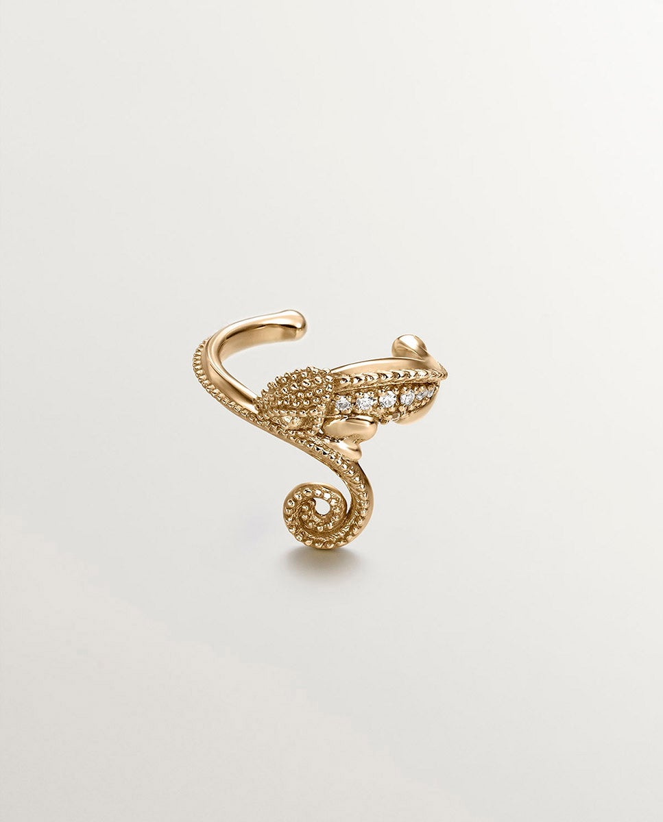 Brinco Earcuff de Ouro Amarelo 18k com Diamantes em Forma de Camaleão Branco-1