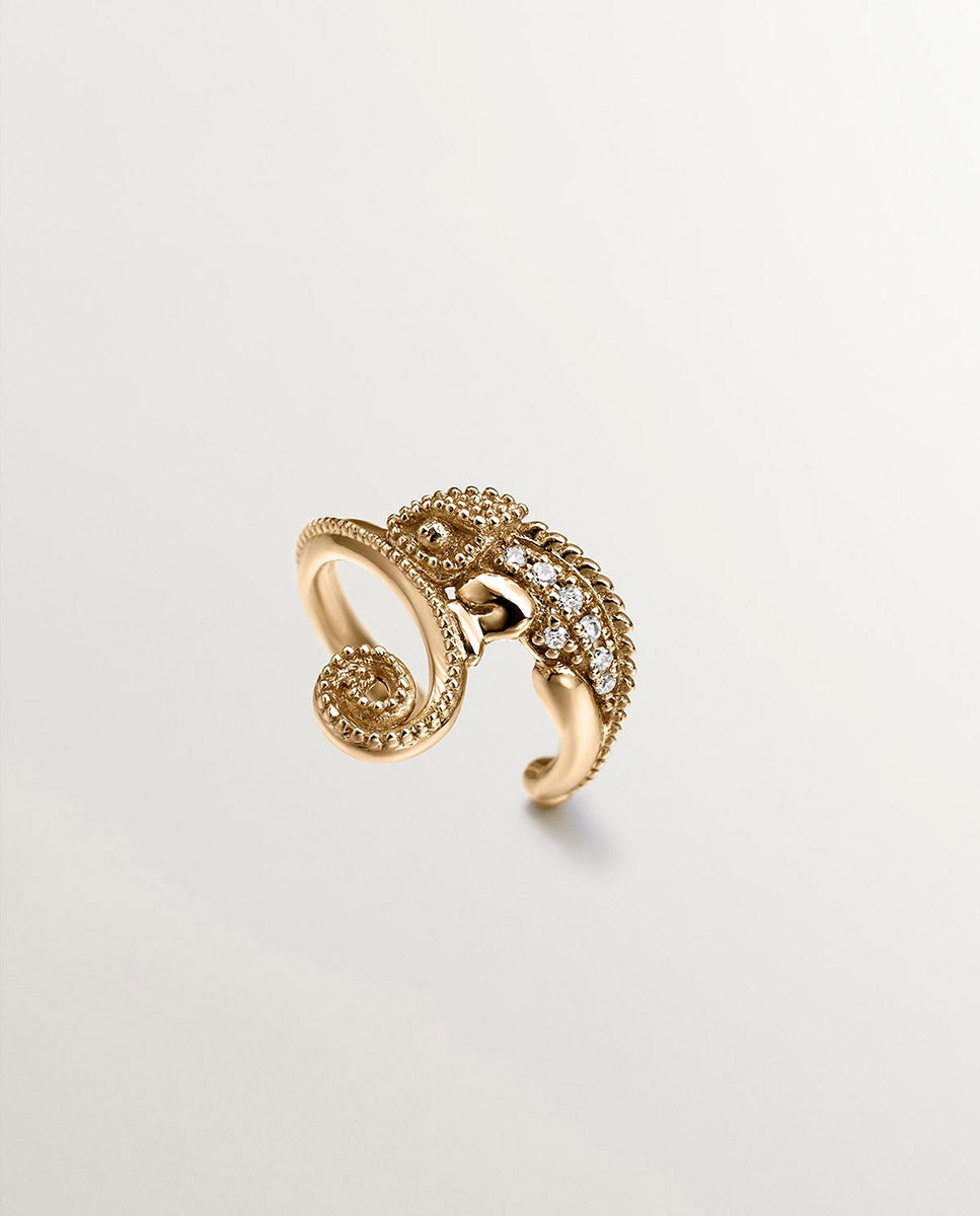 Brinco Earcuff de Ouro Amarelo 18k com Diamantes em Forma de Camaleão Branco-3