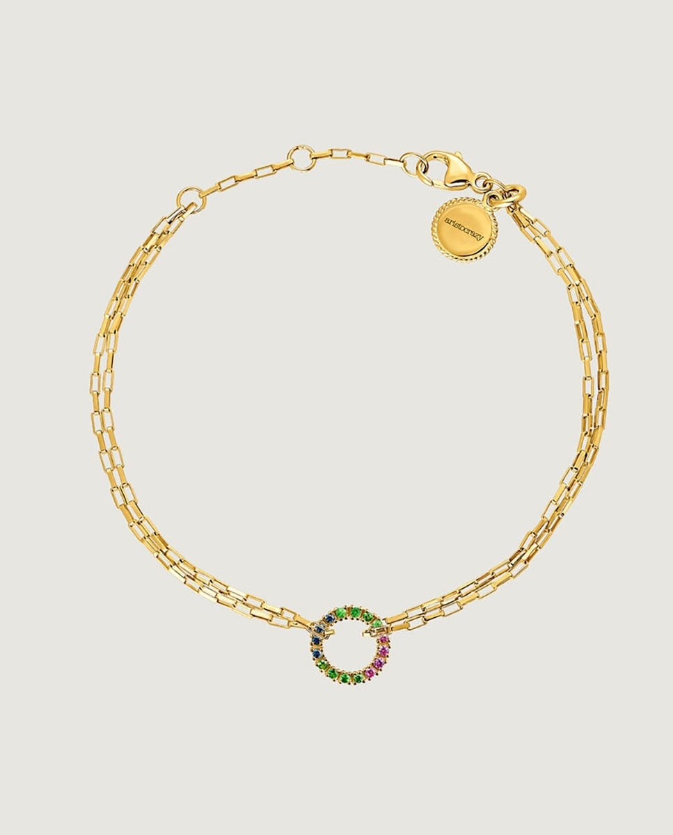 Imagem 0 de Pulseira de Elos Forza de Prata 925 Banhada em Ouro Amarelo de 18k com Argola de Pedras Multicolor