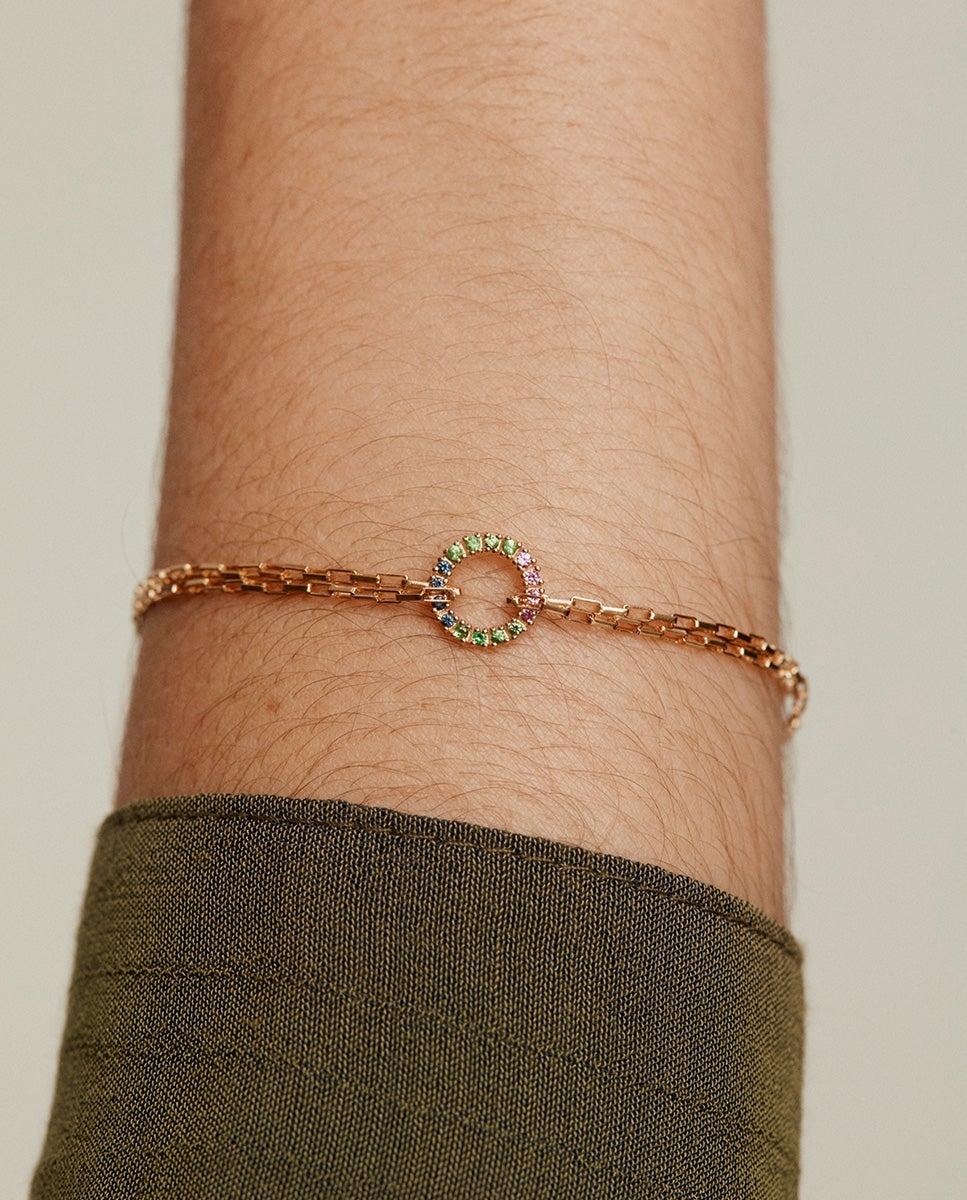 Pulseira de Elos Forza de Prata 925 Banhada em Ouro Amarelo de 18k com Argola de Pedras Multicolor Multicolor-2