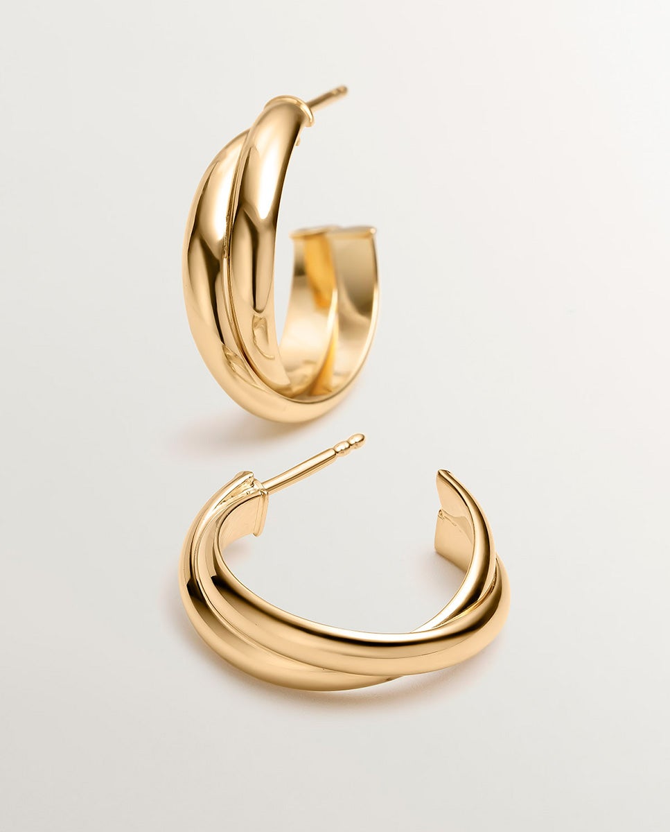 Brincos de Argola Dupla Médios de Prata 925 Banhada em Ouro Amarelo de 18k Ouro-3