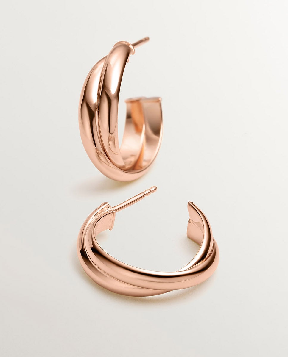 Brincos de Argola Dupla Médios de Prata 925 Banhada em Ouro Rosa de 18k Rosa-3