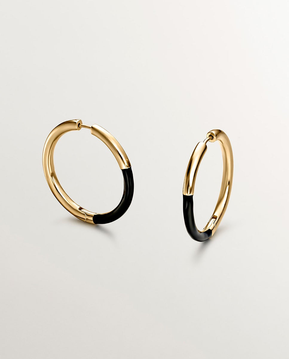 Brincos de Argola Grandes de Prata 925 Banhada a Ouro Amarelo de 18k com Esmalte em Preto Ouro-1