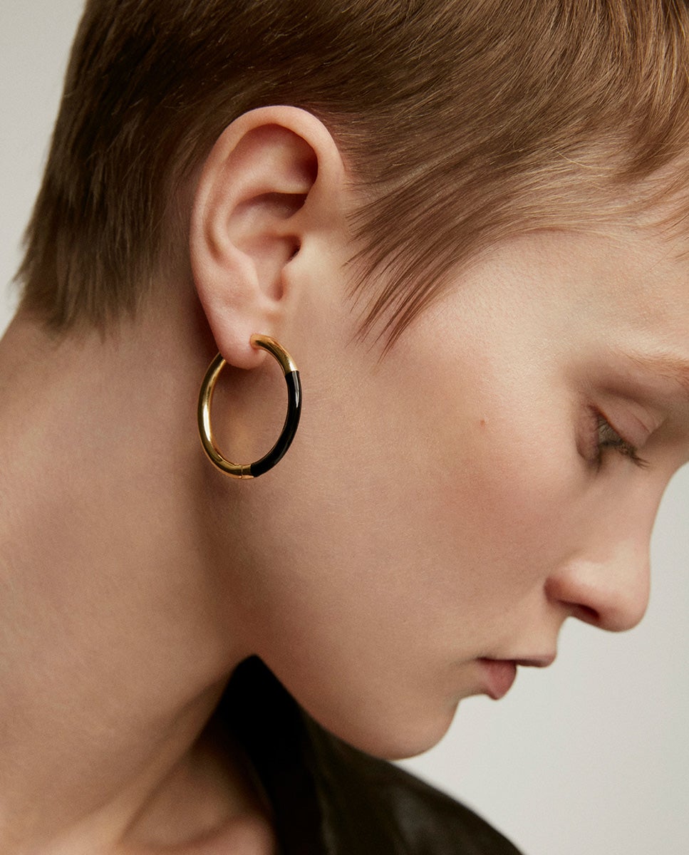 Brincos de Argola Grandes de Prata 925 Banhada a Ouro Amarelo de 18k com Esmalte em Preto Ouro-2