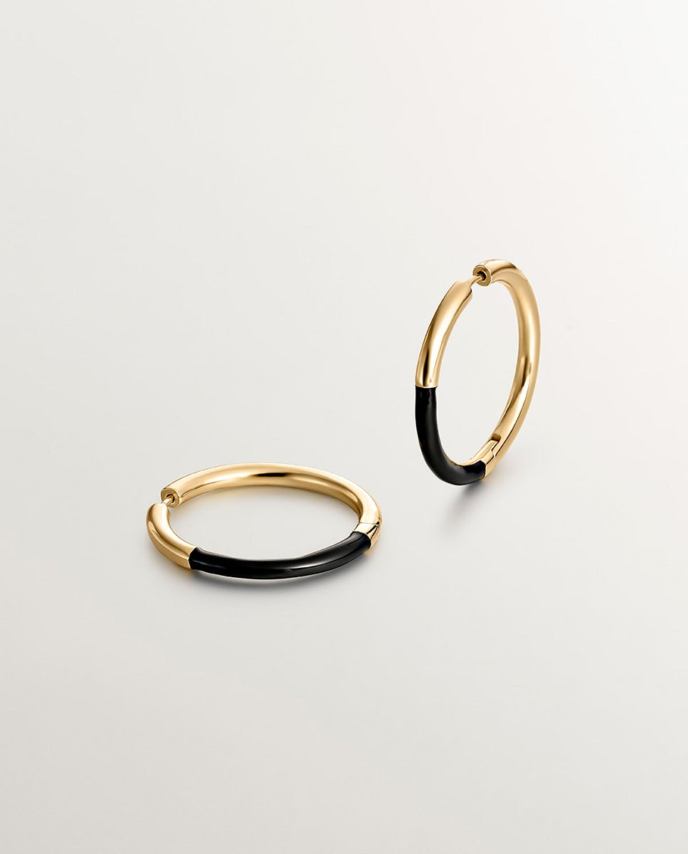 Brincos de Argola Grandes de Prata 925 Banhada a Ouro Amarelo de 18k com Esmalte em Preto Ouro-3
